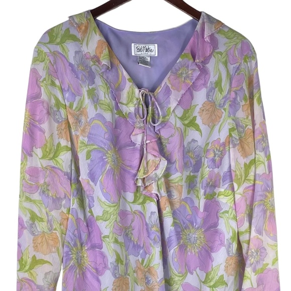 Bob Mackie 1X 16 18 Set Outfit 2 pc. Skirt Top Shirt 100% SILK Floral Purple - Picture 2 of 4
